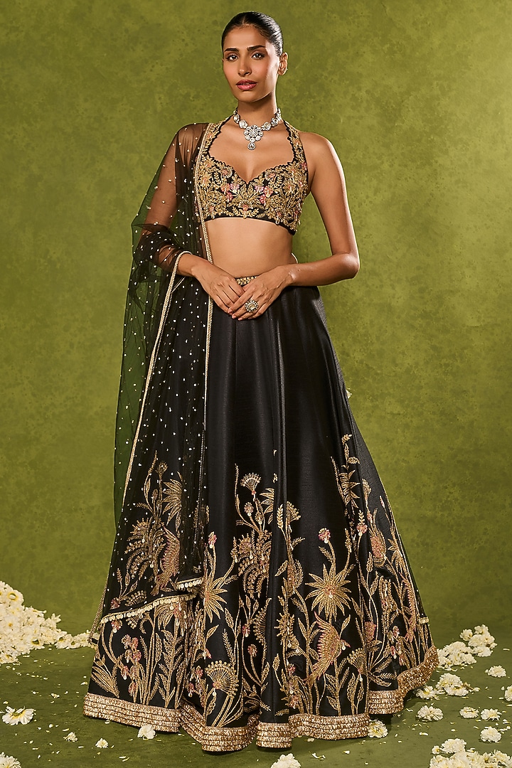 Black Dupion Silk Floral Motif Embroidered Wedding Lehenga Set by Chamee and Palak at Pernia's Pop Up Shop