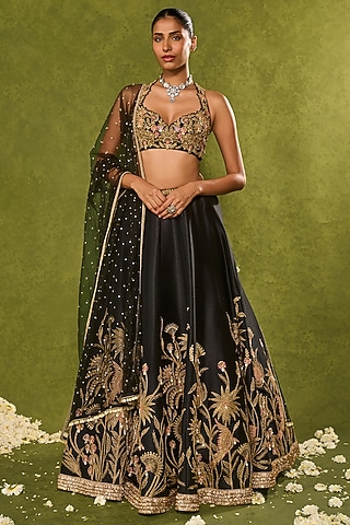 Black Dupion Silk Floral Motif Embroidered Lehenga Set by Chamee and Palak
