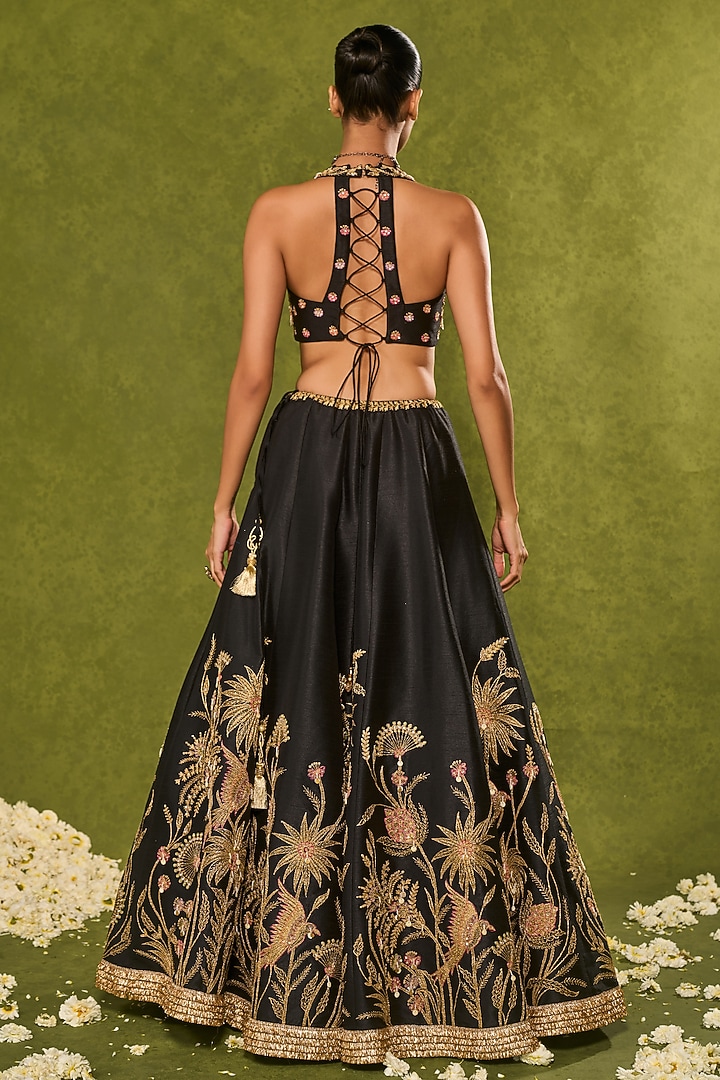 Black Dupion Silk Floral Motif Embroidered Wedding Lehenga Set by Chamee and Palak at Pernia's Pop Up Shop