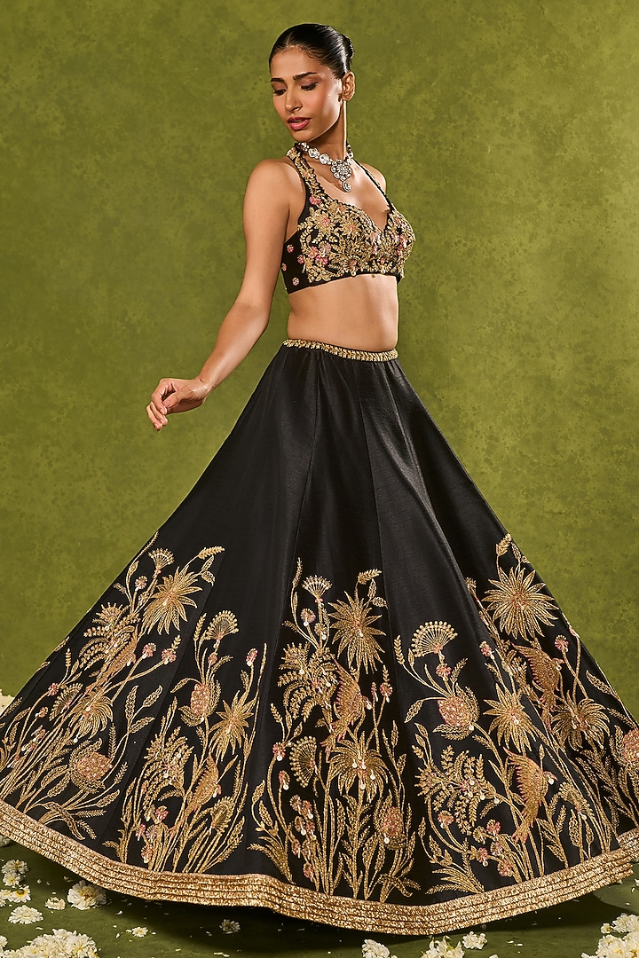 Black Dupion Silk Floral Motif Embroidered Wedding Lehenga Set by Chamee and Palak at Pernia's Pop Up Shop