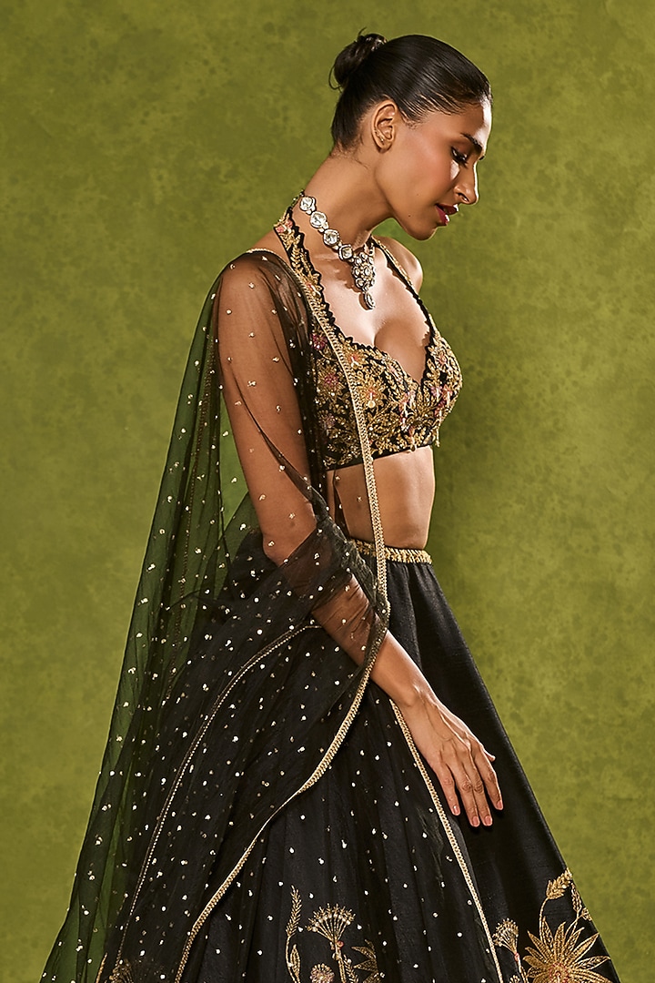 Black Dupion Silk Floral Motif Embroidered Wedding Lehenga Set by Chamee and Palak at Pernia's Pop Up Shop