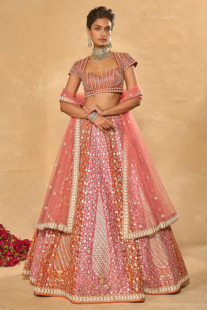 Pink & Orange Raw Silk Glass Beads Embroidered Bridal Lehenga Set by Chamee and Palak at Pernia's Pop Up Shop