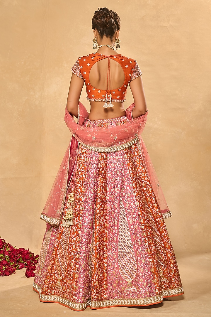 Pink & Orange Raw Silk Glass Beads Embroidered Bridal Lehenga Set by Chamee and Palak at Pernia's Pop Up Shop