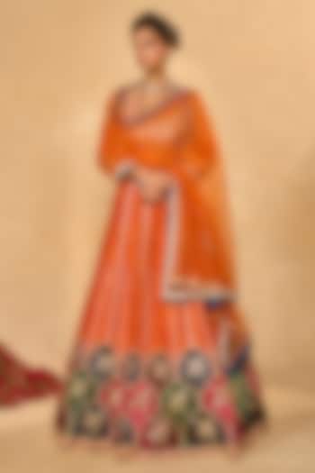 Orange Raw Silk Palm Applique Embroidered Bridal Lehenga Set by Chamee and Palak at Pernia's Pop Up Shop