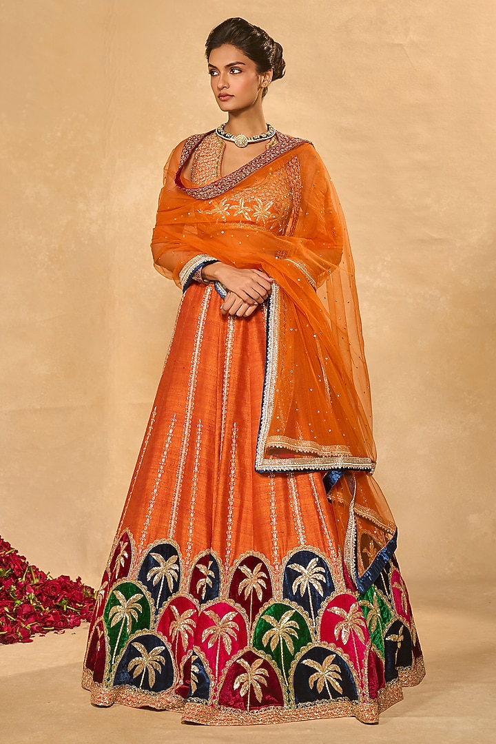 Orange Raw Silk Palm Applique Embroidered Bridal Lehenga Set by Chamee and Palak at Pernia's Pop Up Shop