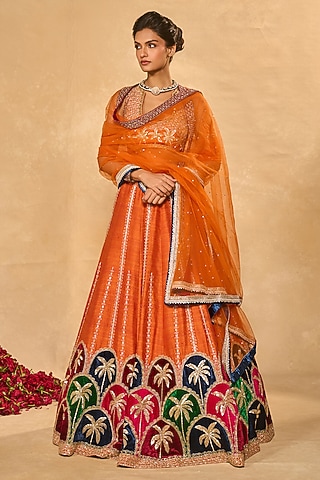 Orange Raw Silk Palm Applique Embroidered Lehenga Set by Chamee and Palak