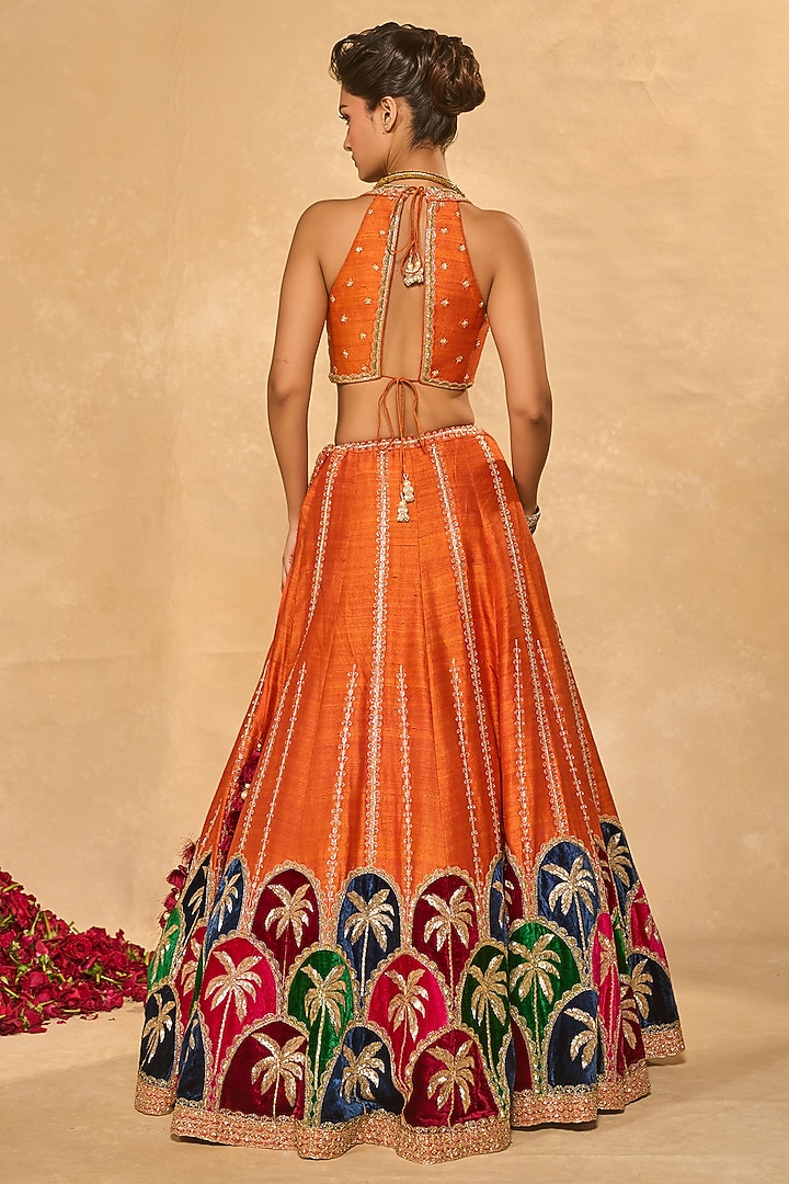 Orange Raw Silk Palm Applique Embroidered Bridal Lehenga Set by Chamee and Palak at Pernia's Pop Up Shop