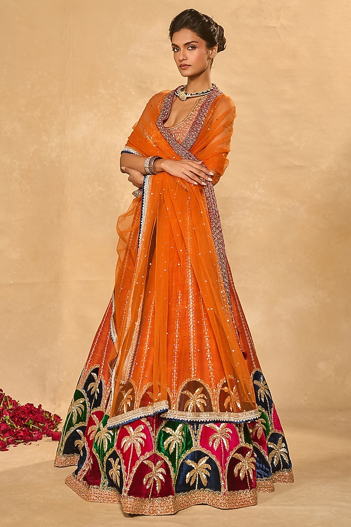 Orange Raw Silk Palm Applique Embroidered Bridal Lehenga Set by Chamee and Palak at Pernia's Pop Up Shop