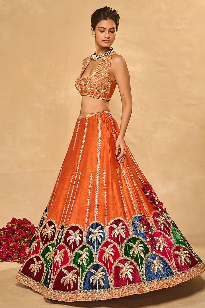 Orange Raw Silk Palm Applique Embroidered Bridal Lehenga Set by Chamee and Palak at Pernia's Pop Up Shop