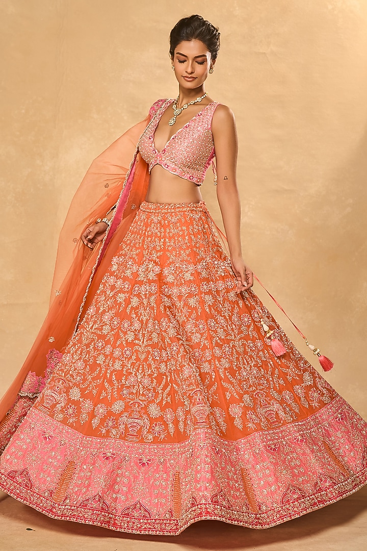 Orange Organza Zari Embroidered Bridal Lehenga Set by Chamee and Palak at Pernia's Pop Up Shop