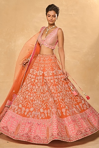 Orange Organza Zari Embroidered Lehenga Set by Chamee and Palak
