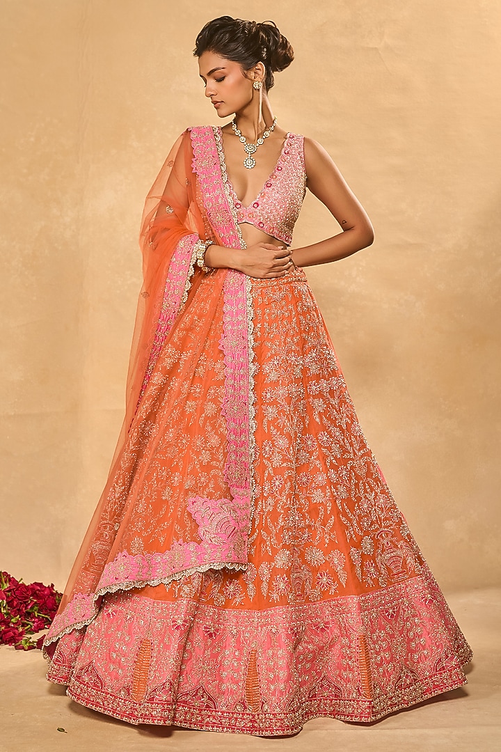 Orange Organza Zari Embroidered Bridal Lehenga Set by Chamee and Palak at Pernia's Pop Up Shop