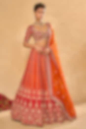 Orange & Red Raw Silk Zardosi Embroidered Bridal Lehenga Set by Chamee and Palak at Pernia's Pop Up Shop