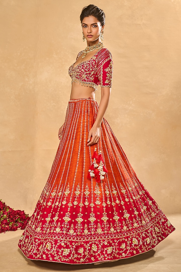Orange & Red Raw Silk Zardosi Embroidered Bridal Lehenga Set by Chamee and Palak at Pernia's Pop Up Shop