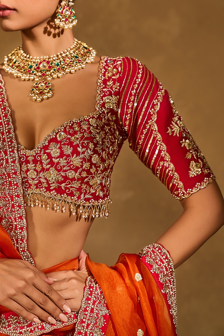 Orange & Red Raw Silk Zardosi Embroidered Bridal Lehenga Set by Chamee and Palak at Pernia's Pop Up Shop