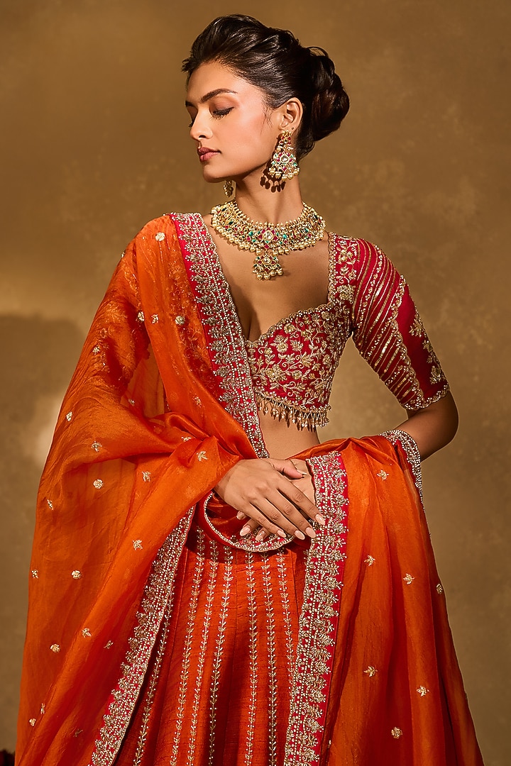 Orange & Red Raw Silk Zardosi Embroidered Bridal Lehenga Set by Chamee and Palak at Pernia's Pop Up Shop