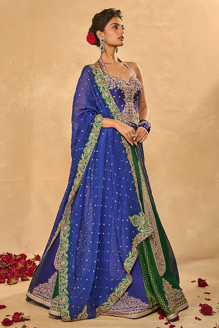 Blue & Green Tissue Jamwar Kalidar Wedding Lehenga Set by Chamee and Palak at Pernia's Pop Up Shop