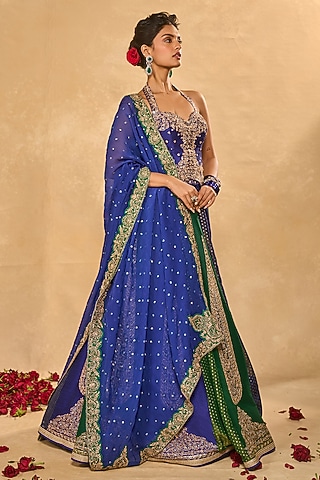 Blue & Green Tissue Jamwar Kalidar Lehenga Set by Chamee and Palak