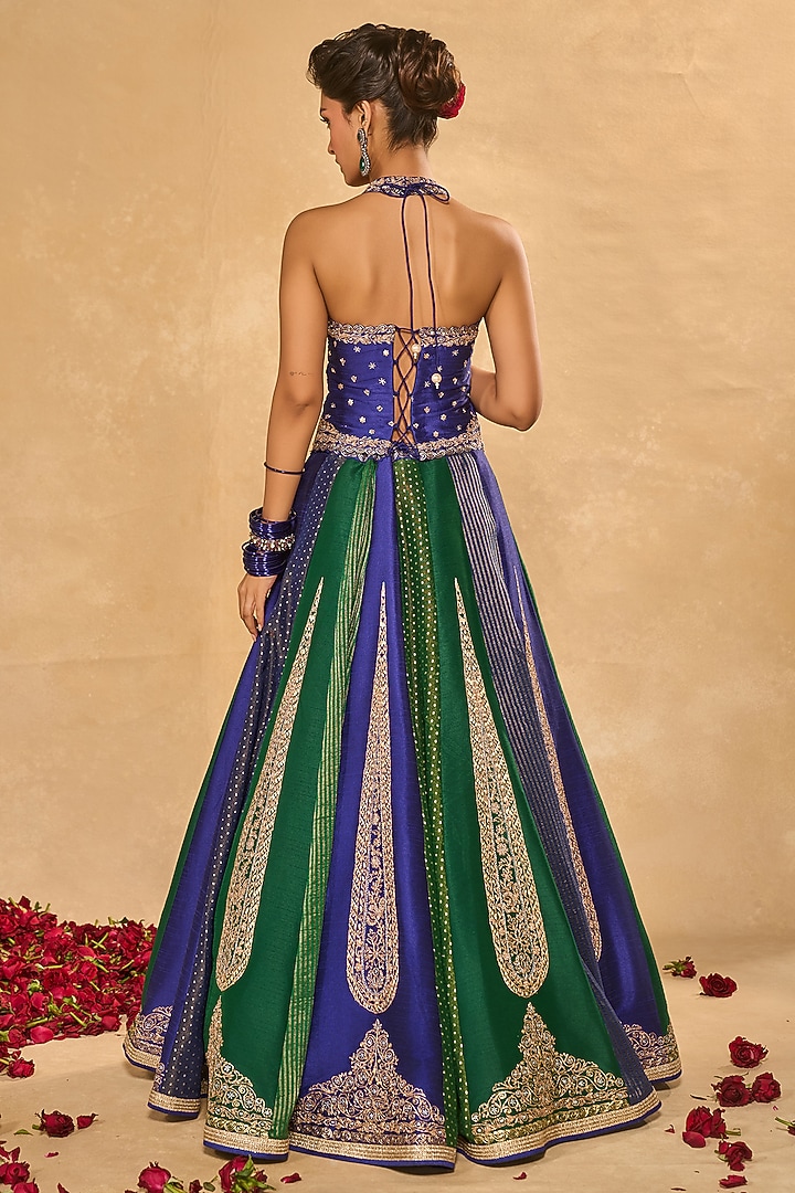Blue & Green Tissue Jamwar Kalidar Wedding Lehenga Set by Chamee and Palak at Pernia's Pop Up Shop