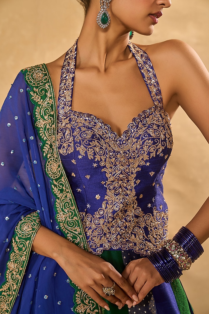 Blue & Green Tissue Jamwar Kalidar Wedding Lehenga Set by Chamee and Palak at Pernia's Pop Up Shop