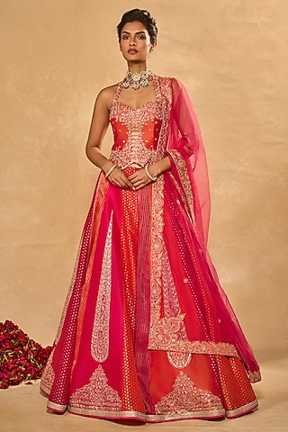 Orange & Pink Tissue Jamwar Kalidar Lehenga Set by Chamee and Palak