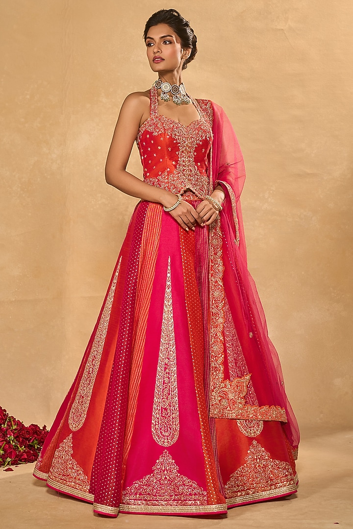 Orange & Pink Tissue Jamwar Kalidar Wedding Lehenga Set by Chamee and Palak at Pernia's Pop Up Shop