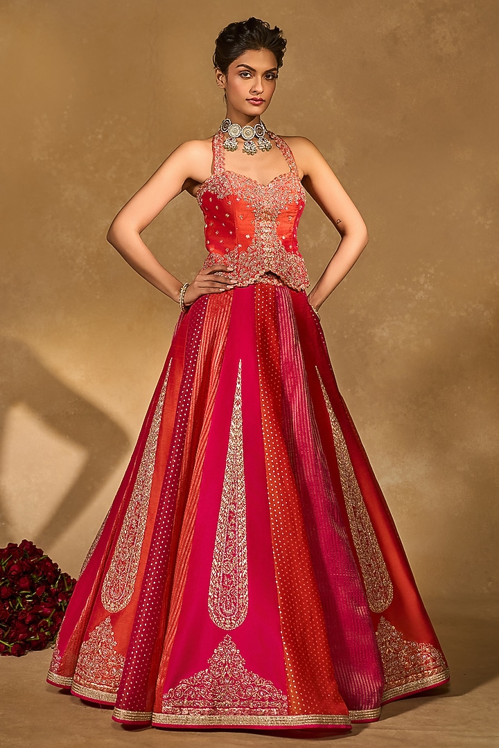 Orange & Pink Tissue Jamwar Kalidar Wedding Lehenga Set by Chamee and Palak at Pernia's Pop Up Shop