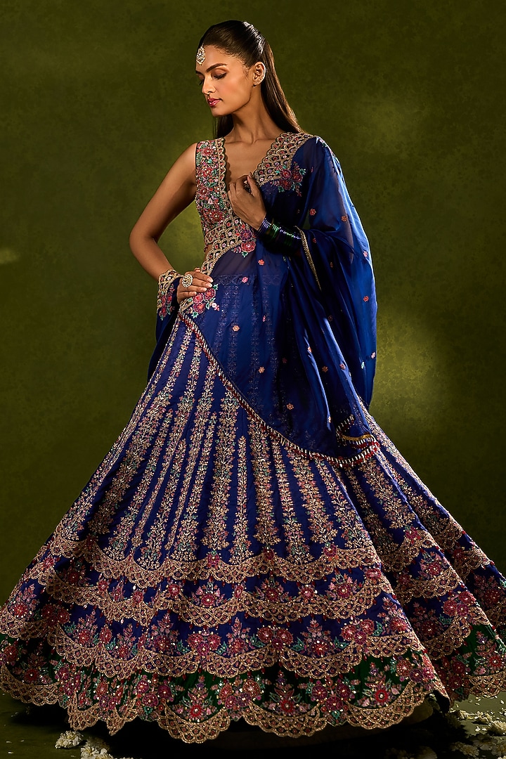 Blue & Green Soft Silk Kalidar Bridal Lehenga Set by Chamee and Palak at Pernia's Pop Up Shop