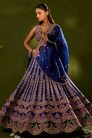 Blue & Green Soft Silk Kalidar Lehenga Set by Chamee and Palak