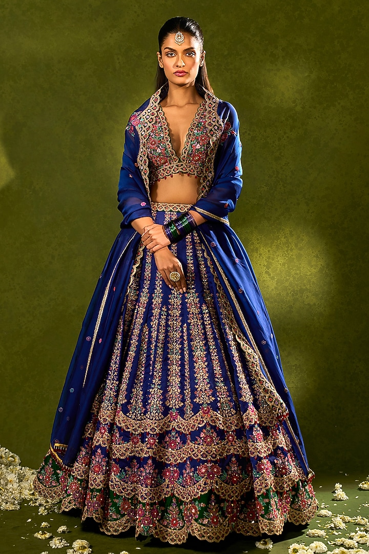 Blue & Green Soft Silk Kalidar Bridal Lehenga Set by Chamee and Palak at Pernia's Pop Up Shop