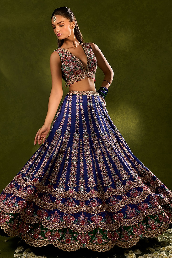 Blue & Green Soft Silk Kalidar Bridal Lehenga Set by Chamee and Palak at Pernia's Pop Up Shop