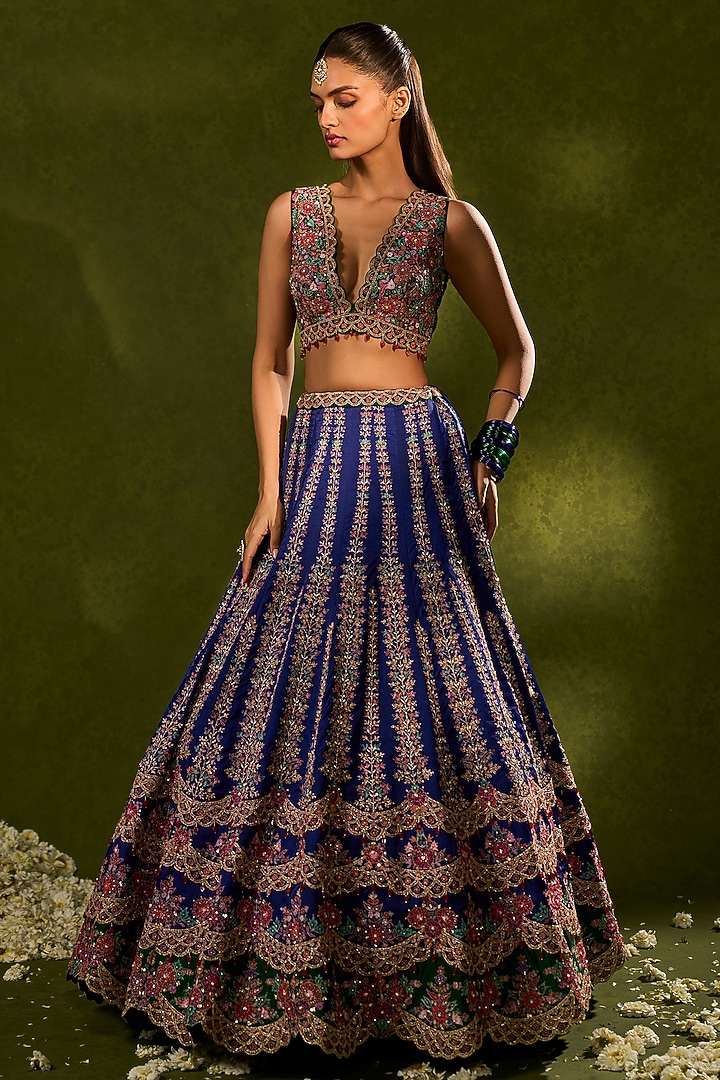 Blue & Green Soft Silk Kalidar Bridal Lehenga Set by Chamee and Palak at Pernia's Pop Up Shop