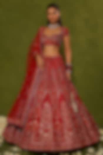 Red Raw Silk Sequins & Zardosi Embroidered Bridal Lehenga Set by Chamee and Palak at Pernia's Pop Up Shop