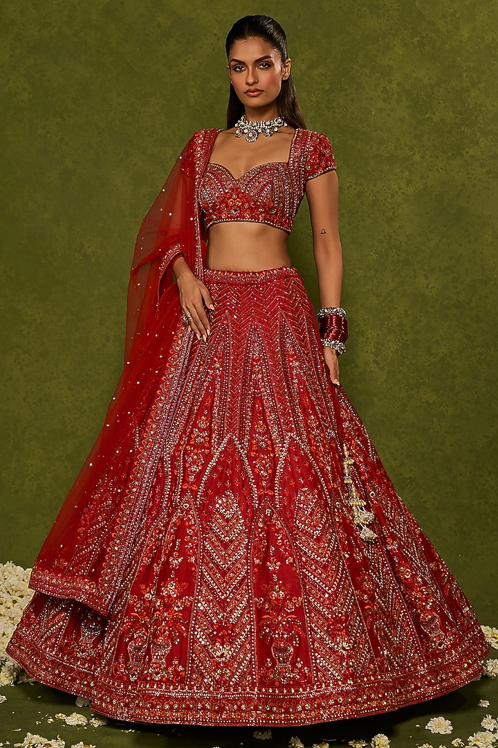Red Raw Silk Sequins & Zardosi Embroidered Bridal Lehenga Set by Chamee and Palak at Pernia's Pop Up Shop