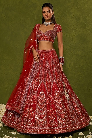 Red Raw Silk Sequins & Zardosi Embroidered Lehenga Set by Chamee and Palak