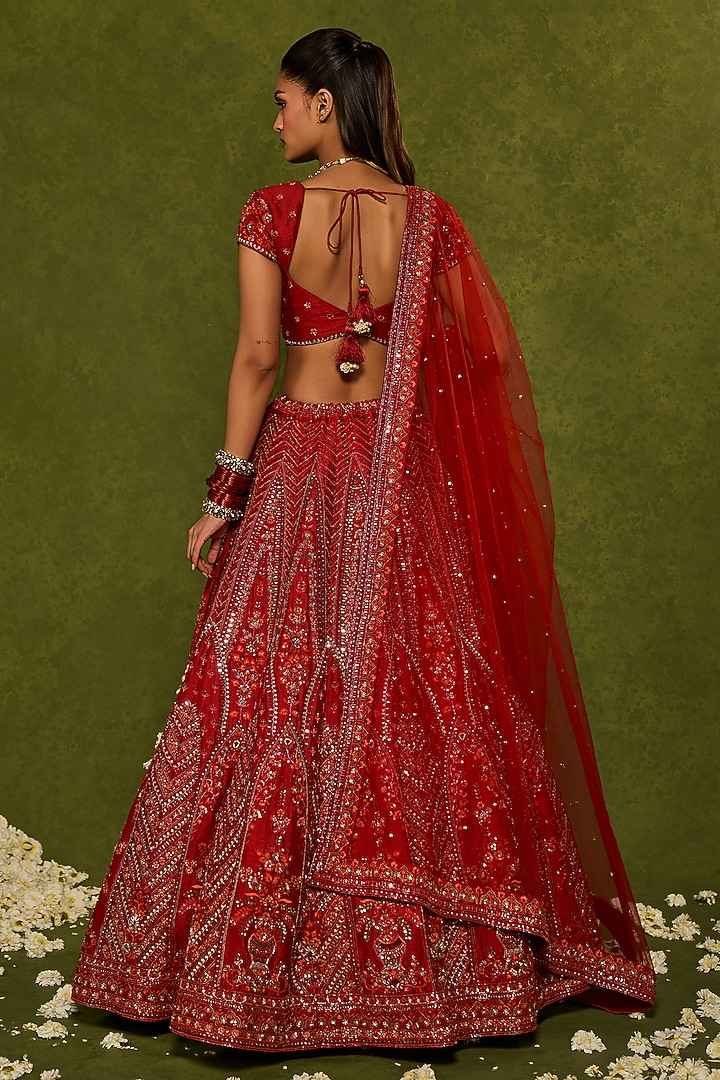 Red Raw Silk Sequins & Zardosi Embroidered Bridal Lehenga Set by Chamee and Palak at Pernia's Pop Up Shop