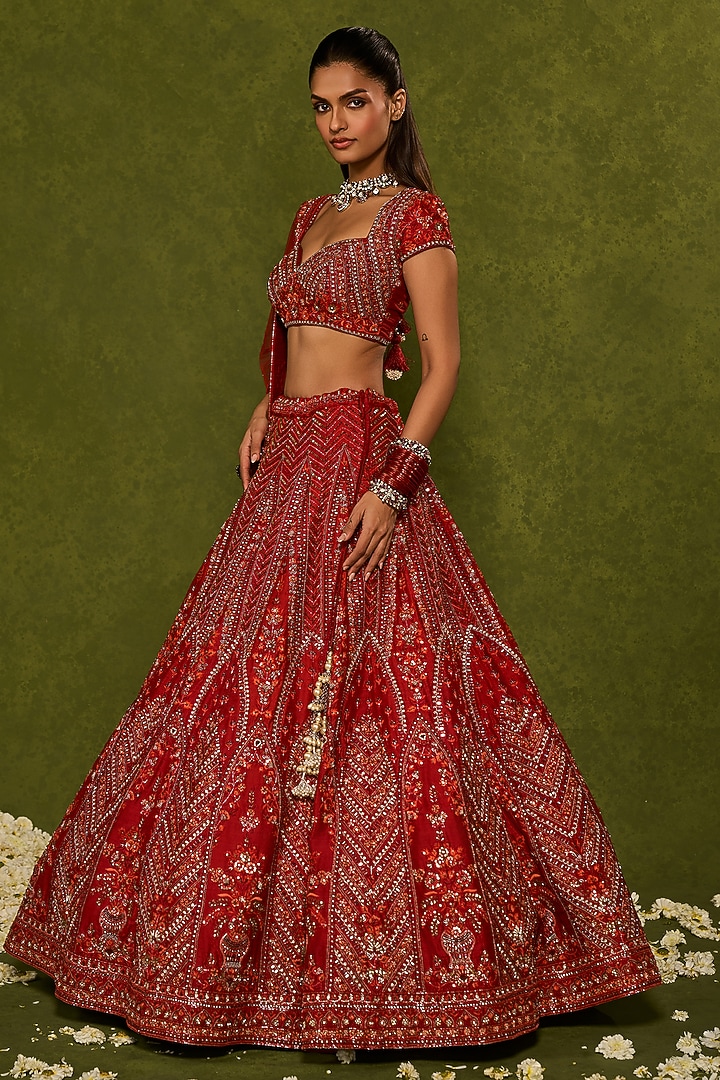 Red Raw Silk Sequins & Zardosi Embroidered Bridal Lehenga Set by Chamee and Palak at Pernia's Pop Up Shop
