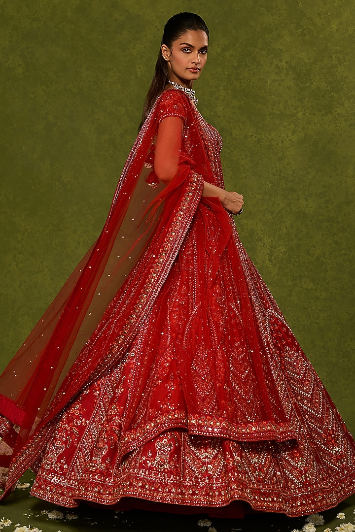 Red Raw Silk Sequins & Zardosi Embroidered Bridal Lehenga Set by Chamee and Palak at Pernia's Pop Up Shop