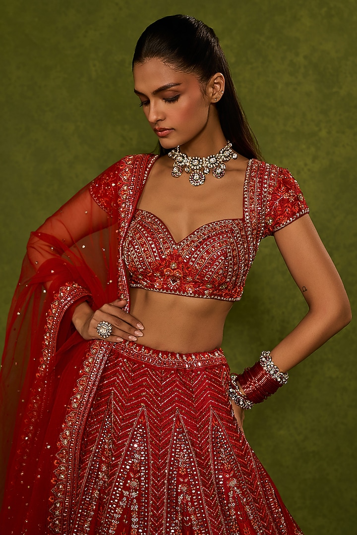 Red Raw Silk Sequins & Zardosi Embroidered Bridal Lehenga Set by Chamee and Palak at Pernia's Pop Up Shop