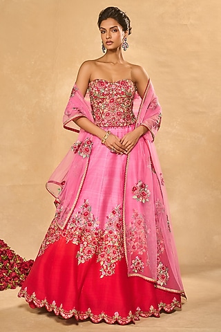 Pink Ombre Raw Silk Floral Motif Embroidered Lehenga Set by Chamee and Palak