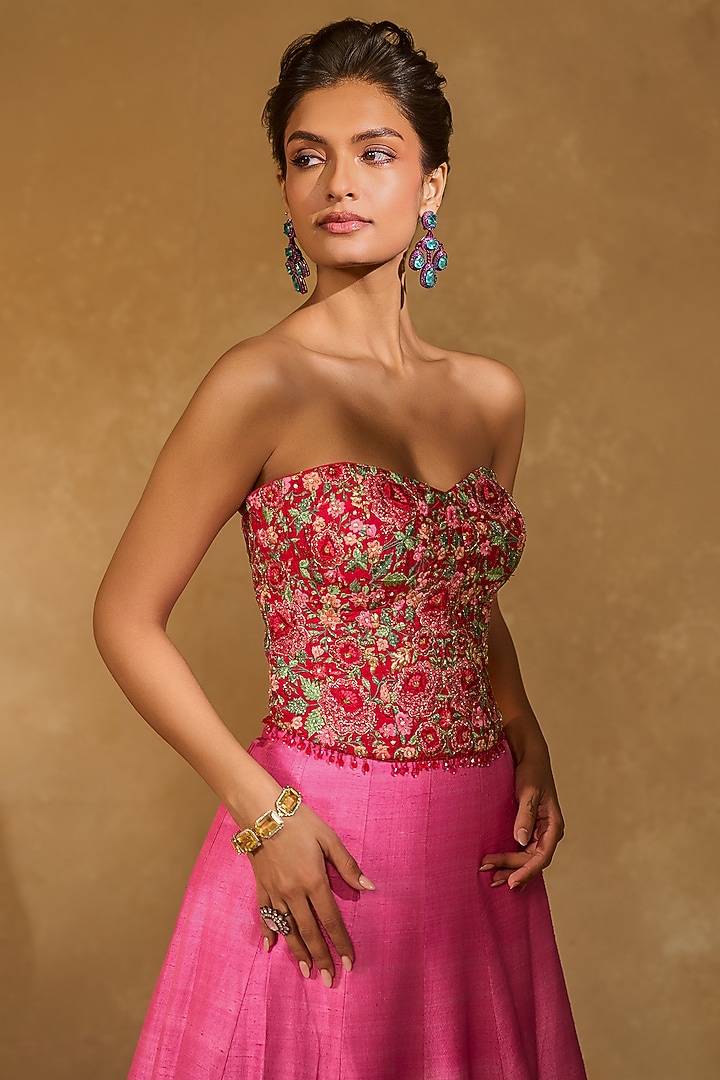 Pink Ombre Raw Silk Floral Motif Embroidered Wedding Lehenga Set by Chamee and Palak at Pernia's Pop Up Shop