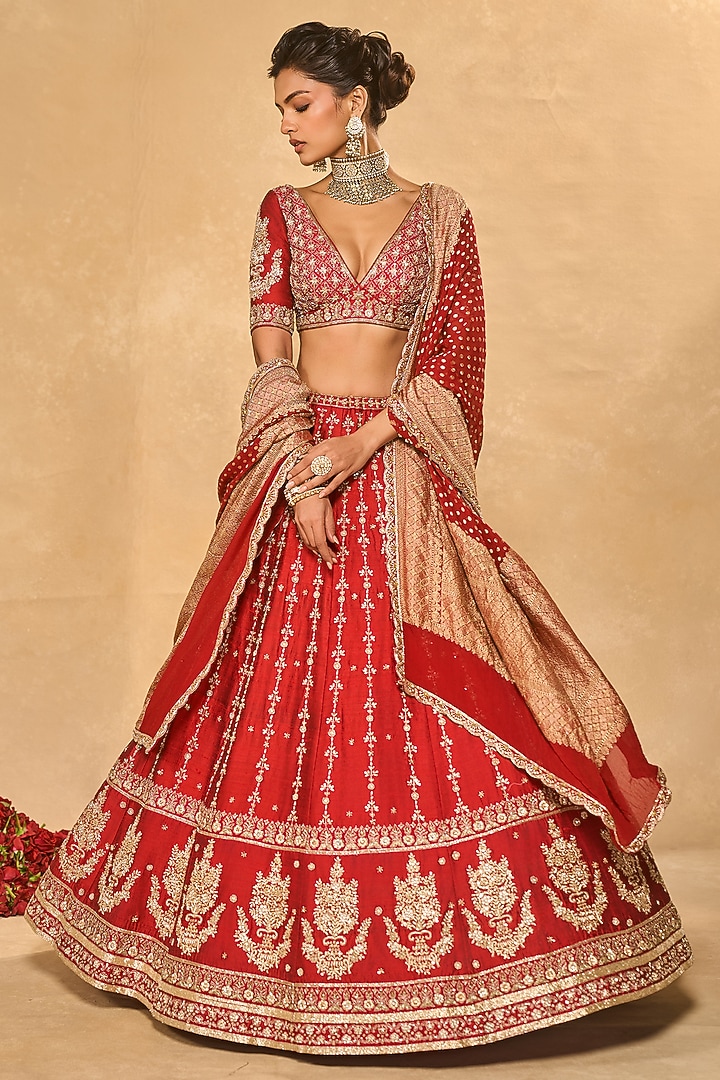 Red Raw Silk Zardosi Embroidered Bridal Lehenga Set by Chamee and Palak at Pernia's Pop Up Shop