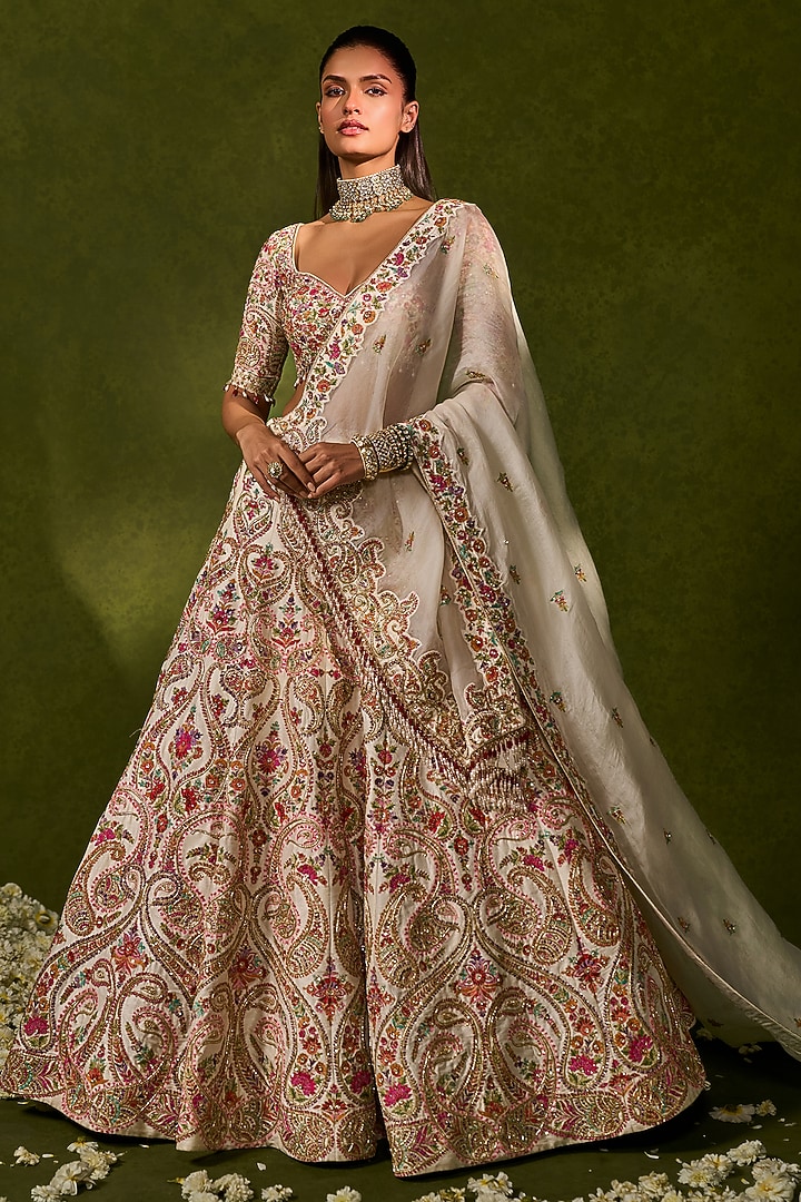 Ivory Raw Silk Zardosi Embroidered Bridal Lehenga Set by Chamee and Palak at Pernia's Pop Up Shop