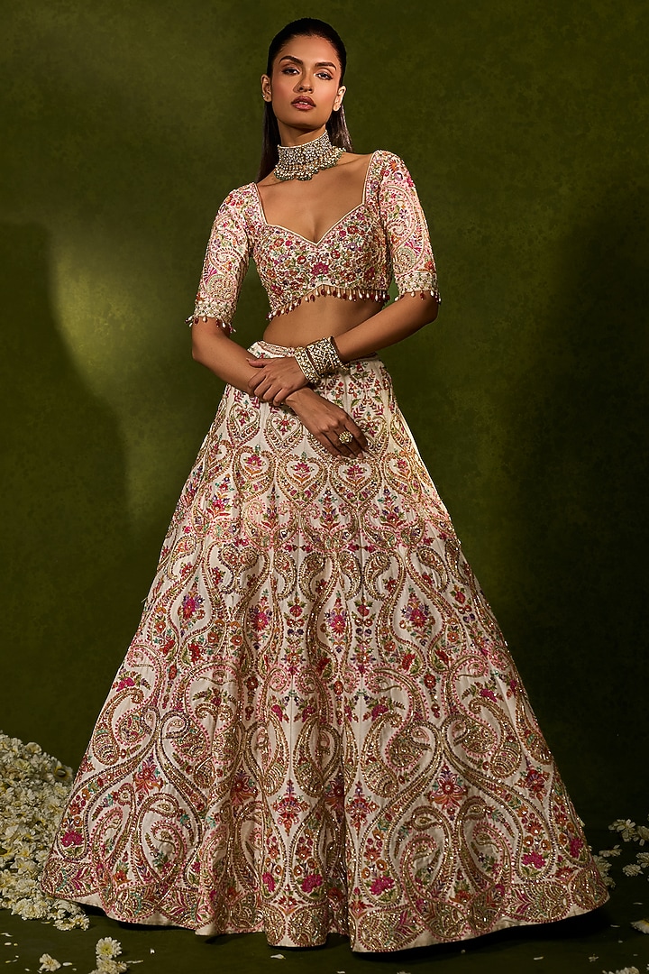 Ivory Raw Silk Zardosi Embroidered Bridal Lehenga Set by Chamee and Palak at Pernia's Pop Up Shop