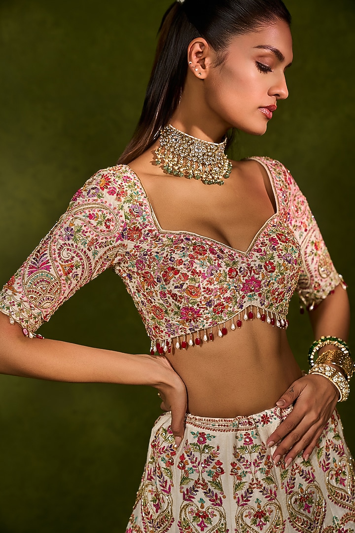 Ivory Raw Silk Zardosi Embroidered Bridal Lehenga Set by Chamee and Palak at Pernia's Pop Up Shop