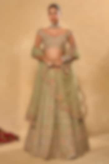 Light Sage Green Organza Zari Embroidered Wedding Lehenga Set by Chamee and Palak at Pernia's Pop Up Shop