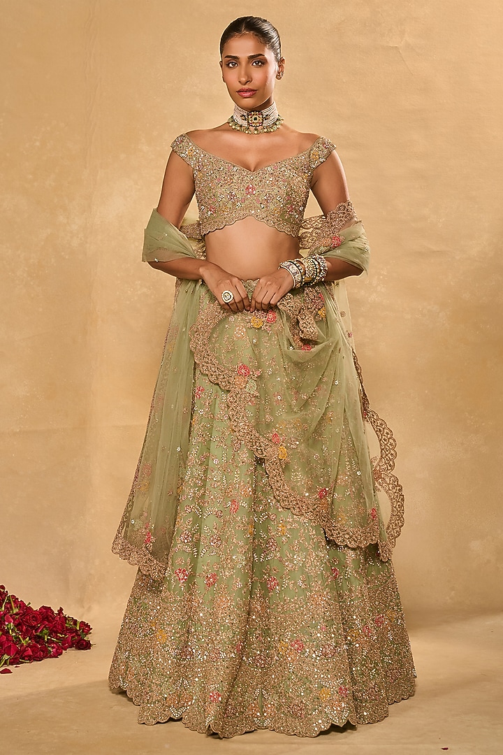 Light Sage Green Organza Zari Embroidered Wedding Lehenga Set by Chamee and Palak at Pernia's Pop Up Shop
