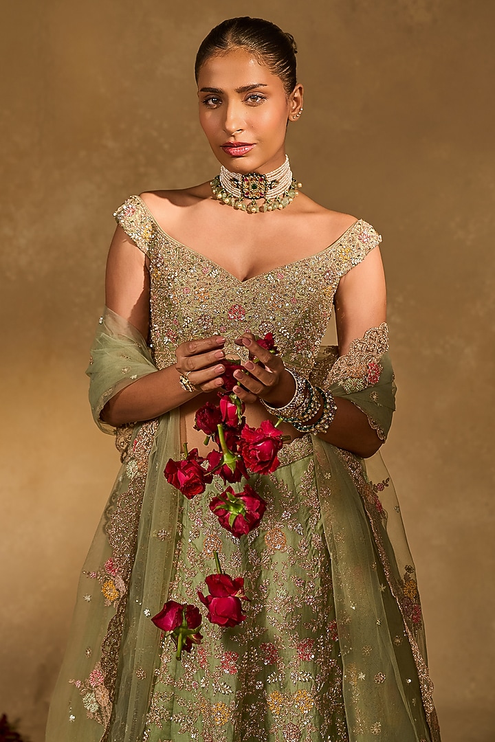 Light Sage Green Organza Zari Embroidered Bridal Lehenga Set by Chamee and Palak at Pernia's Pop Up Shop