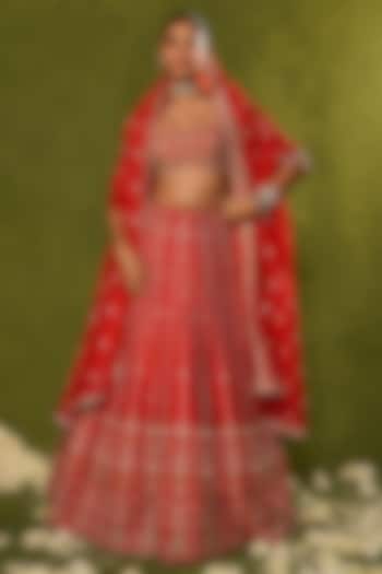 Red Raw Silk Zardosi Embroidered Bridal Lehenga Set by Chamee and Palak at Pernia's Pop Up Shop