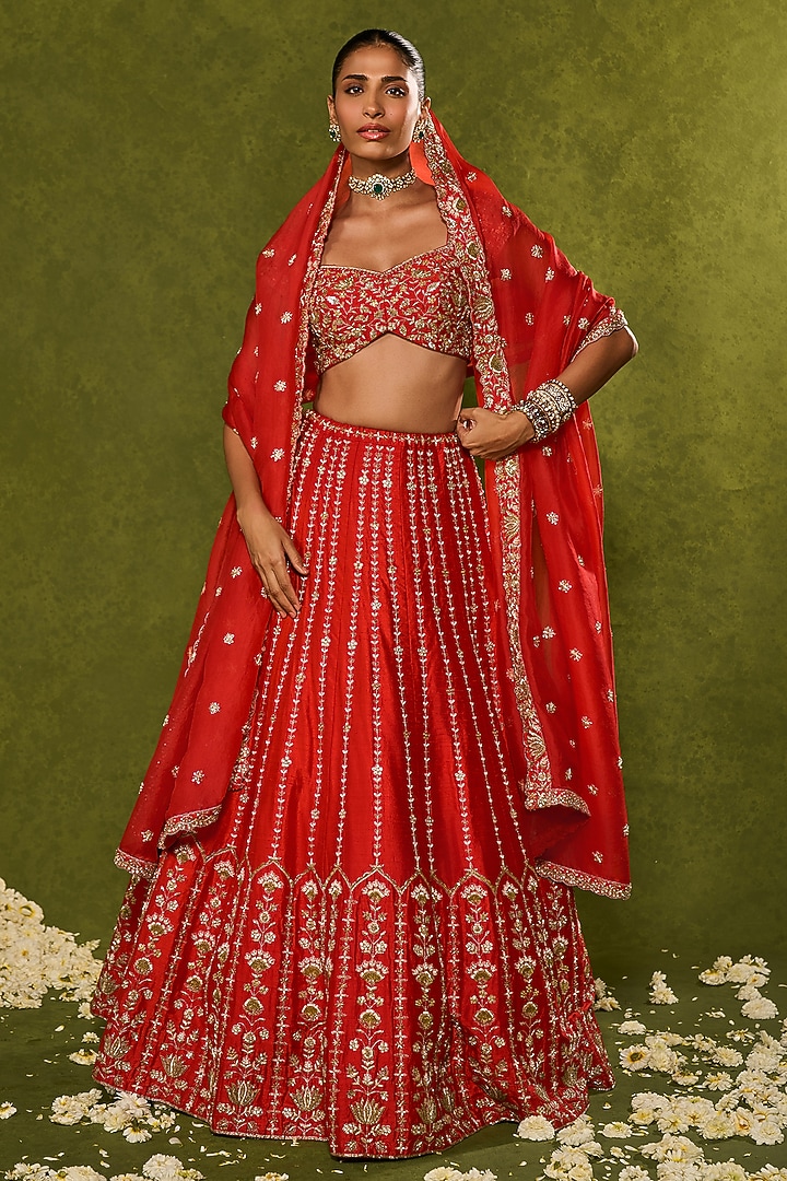 Red Raw Silk Zardosi Embroidered Bridal Lehenga Set by Chamee and Palak at Pernia's Pop Up Shop